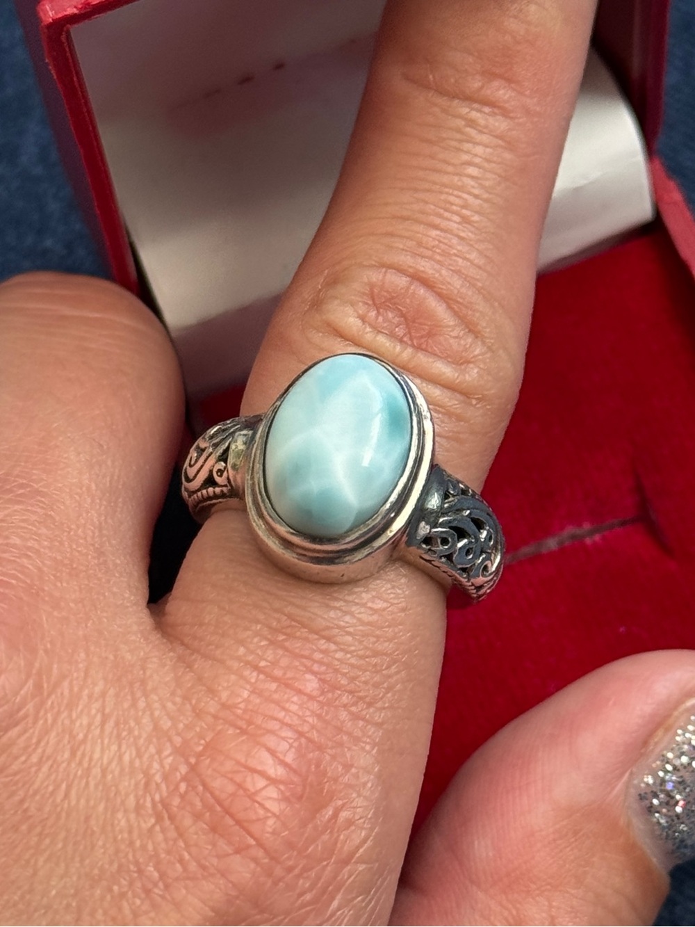 925 Sterling Silver Blue Larimar Gemstone Ring Size 5.5